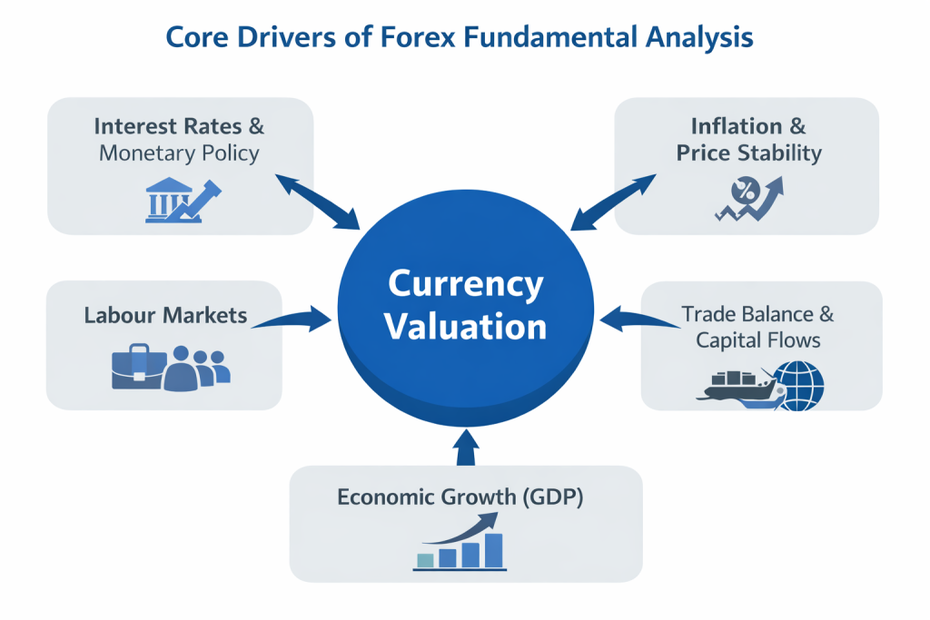 Diagram showing the core drivers of forex fundamental analysis, including interest rates, inflation, economic growth, labour markets, and trade and capital flows influencing currency valuation.