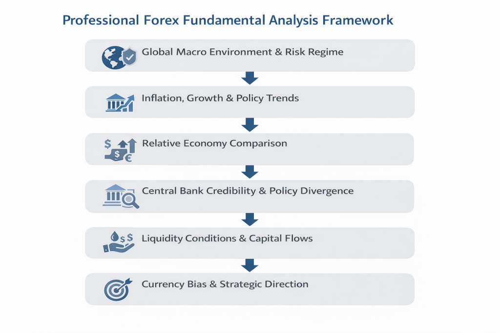 Flow diagram illustrating a professional forex fundamental analysis framework, from global macro conditions and policy trends through to currency bias and strategic direction.