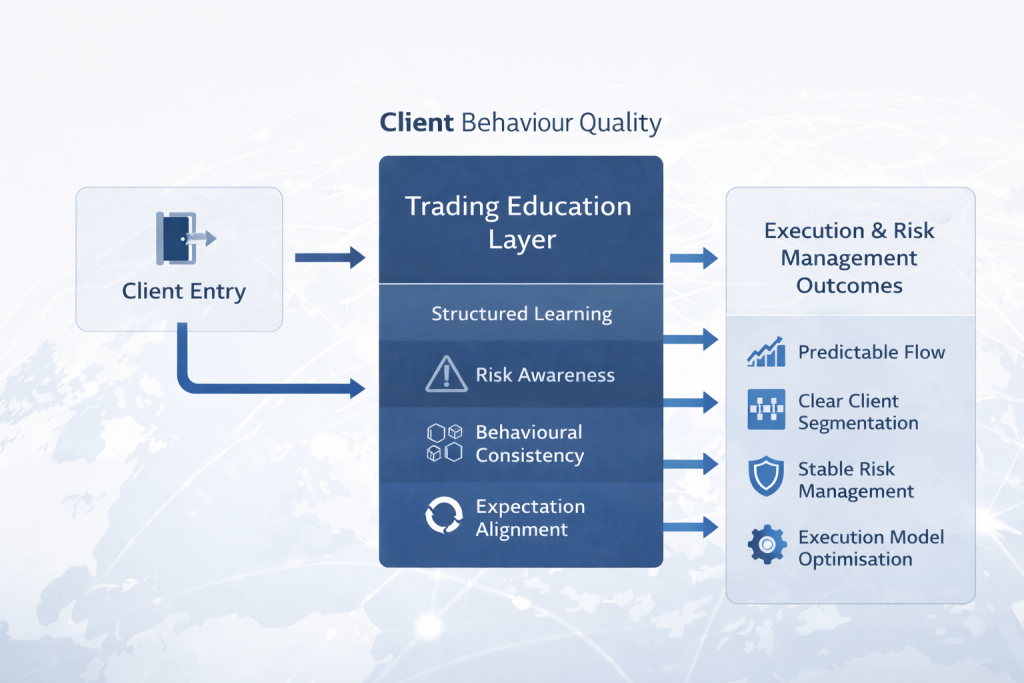 Trading education supporting execution and client risk segmentation for brokers